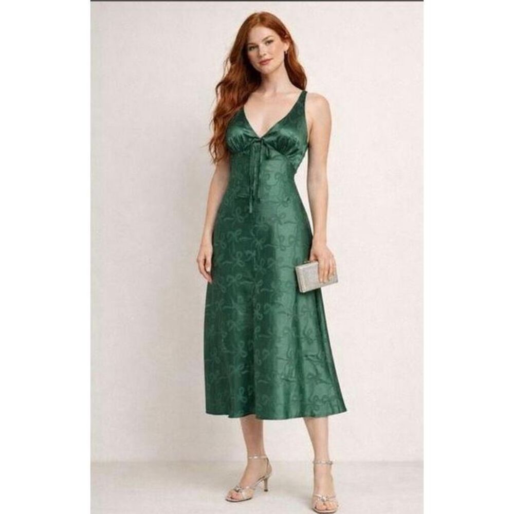 Trixxi Bow Print Slip Midi Dress XL V-neck Spaghetti straps satin NEW #400